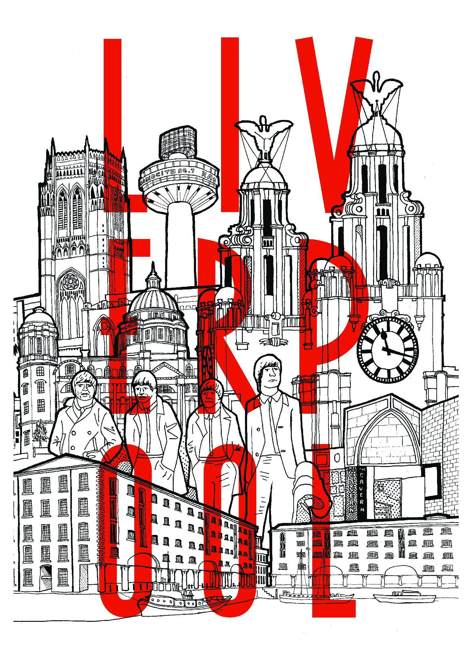 Reyt Good Illustration - Liverpool Cityscape (Red Lettering) - Print